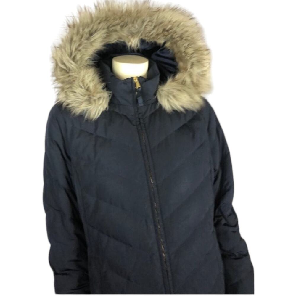 TALBOTS Down Puffer Coat in navy with fur trimmed hood size medium - Picture 2 of 12